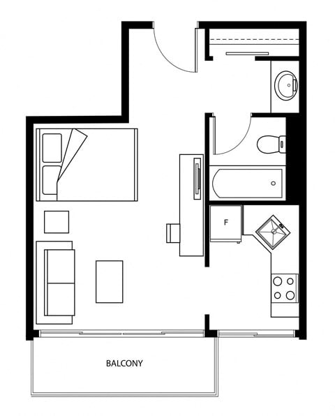 Floor plan for studio, 1 bath, 409 sqft